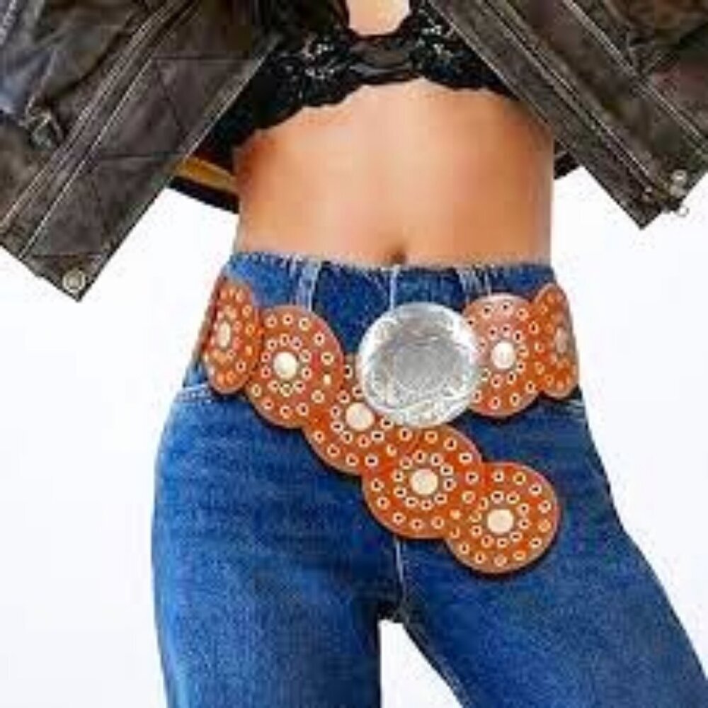 Handcrafted Vintage Y2K Boho Western Leather Concho Belt Silver Medallions